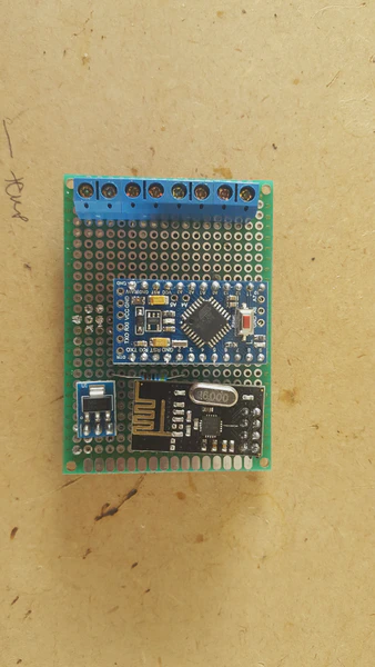 Completed board with 5V Arduino (for driving the relay) and 3.3v regulator for the radio